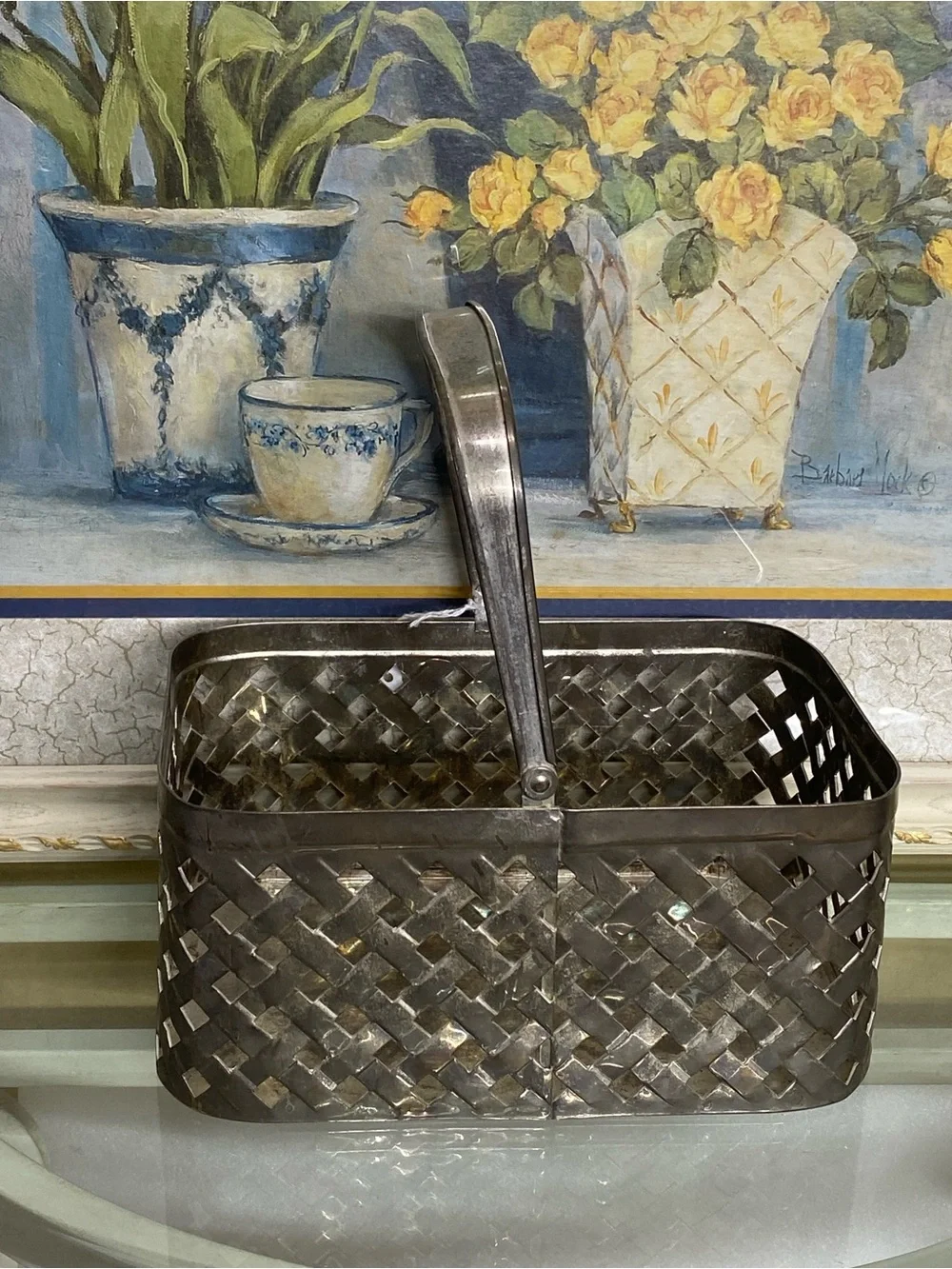 Vintage Silver Plated Metal Woven Basket W/ Handle and Mugs.